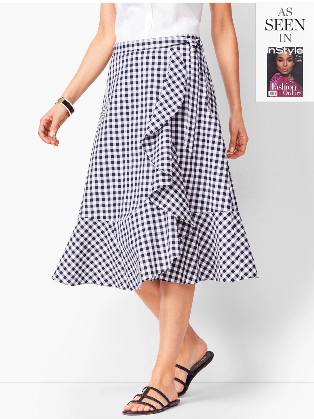 Talbots Plus Navy & White Gingham Faux Wrap Skift Midi Ruffle 100% Cotton Lined